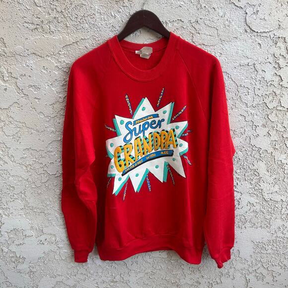 Vintage Ken Done Super Grandpa Sweatshirt Red One Size 90s Graphic Pullover - Picture 1 of 5